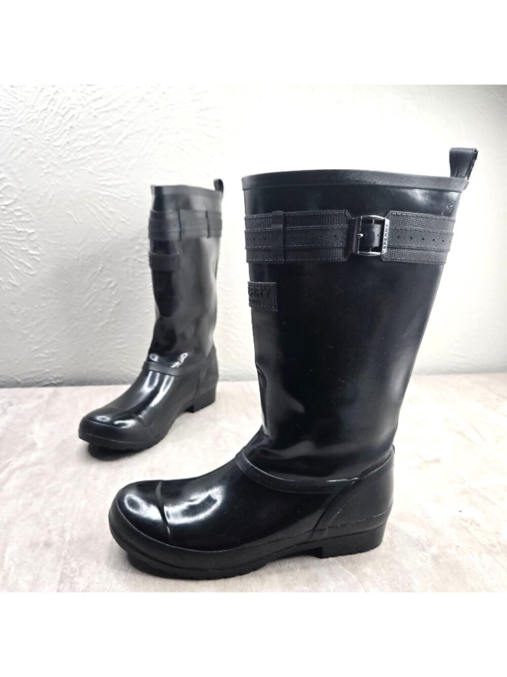 Sperry Rain Boots Black Rubber‎ Fleece Lined Outdoor Equestrian Midcalf Size 7